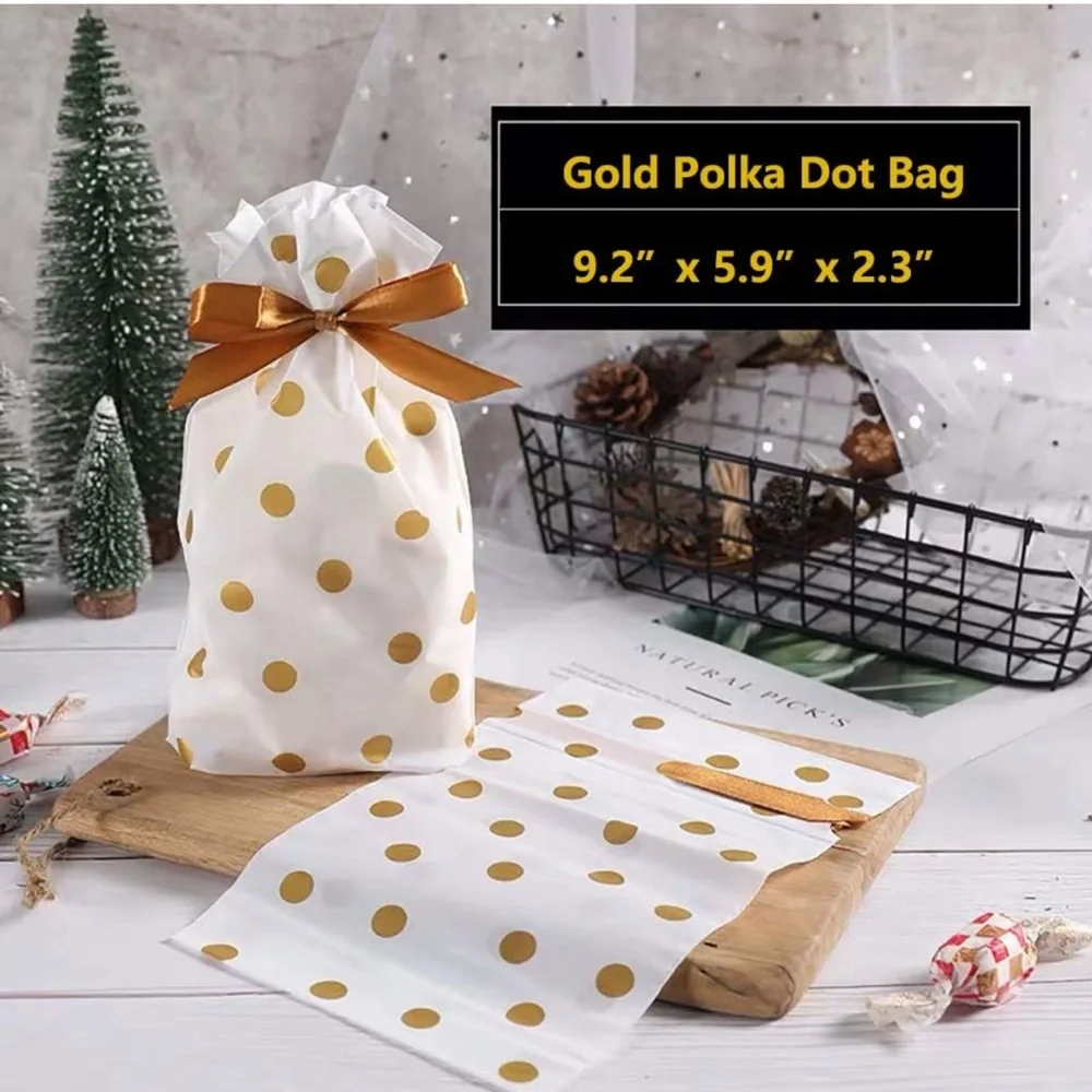 50 Gold Polka Dot Party Favor Bags Plastic with Drawstring 5.8x9x2.4 inch - Picture 3 of 4